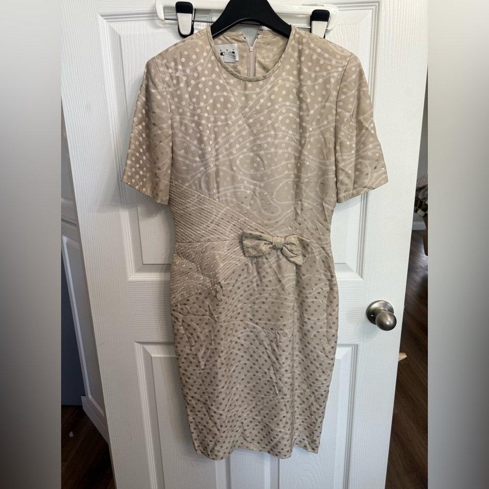 Vintage Albert Nipon 100% Silk Polka Dot Dress Bow Waist Neutral Midi 6 8